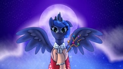 Size: 1192x670 | Tagged: safe, artist:eliestia, kaguya houraisan (touhou), princess luna (mlp), alicorn, equine, fictional species, mammal, pony, feral, friendship is magic, hasbro, my little pony, touhou, clothes, cosplay, crossover, dress, female, mare, moon, night, solo, solo female