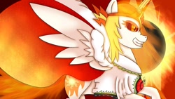 Size: 1192x670 | Tagged: safe, artist:eliestia, daybreaker (mlp), utsuho reiuji (touhou), alicorn, equine, fictional species, mammal, pony, feral, friendship is magic, hasbro, my little pony, touhou, cosplay, crossover, evil grin, female, fire, grin, mare, solo, solo female, sun