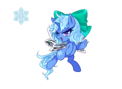 Size: 1280x931 | Tagged: safe, artist:三途亞夢, cirno (touhou), elemental creature, equine, fairy, fairy pony, fictional species, ice elemental, mammal, pony, unicorn, feral, friendship is magic, hasbro, my little pony, touhou, 2016, bow, crossover, cutie mark, female, feralized, furrified, ice, ice fairy, mare, ponified, snow, snowflake, solo, solo female, species swap, wings