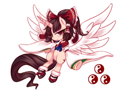 Size: 1280x931 | Tagged: safe, artist:三途亞夢, reimu hakurei (touhou), alicorn, equine, fictional species, mammal, pony, feral, friendship is magic, hasbro, my little pony, touhou, 2016, bow, crossover, female, feralized, furrified, mare, ponified, solo, solo female, species swap, yin yang