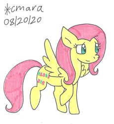Size: 849x921 | Tagged: safe, artist:cmara, fluttershy (mlp), equine, fictional species, mammal, pegasus, pony, feral, friendship is magic, hasbro, my little pony, female, hooves, mare, raised hoof, raised leg, simple background, solo, solo female, traditional art, white background