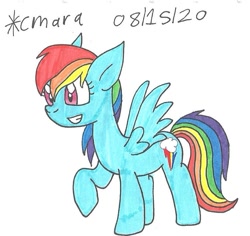 Size: 860x811 | Tagged: safe, artist:cmara, rainbow dash (mlp), equine, fictional species, mammal, pegasus, pony, feral, friendship is magic, hasbro, my little pony, female, grin, hooves, mare, raised hoof, simple background, smiling, solo, solo female, traditional art, white background