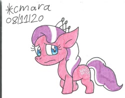 Size: 860x678 | Tagged: safe, artist:cmara, diamond tiara (mlp), earth pony, equine, fictional species, mammal, pony, feral, friendship is magic, hasbro, my little pony, female, filly, foal, jewelry, sad, simple background, solo, solo female, tiara, traditional art, white background, young