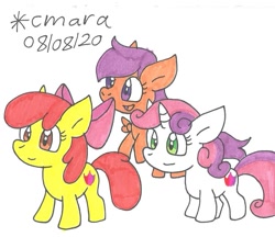 Size: 1003x866 | Tagged: safe, artist:cmara, apple bloom (mlp), scootaloo (mlp), sweetie belle (mlp), earth pony, equine, fictional species, mammal, pegasus, pony, unicorn, feral, friendship is magic, hasbro, my little pony, bow, cutie mark, cutie mark crusaders (mlp), hair bow, open mouth, simple background, the cmc's cutie marks, traditional art, white background