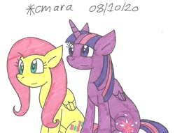 Size: 1135x866 | Tagged: safe, artist:cmara, fluttershy (mlp), twilight sparkle (mlp), alicorn, equine, fictional species, mammal, pegasus, pony, feral, friendship is magic, hasbro, my little pony, duo, female, mare, simple background, sitting, traditional art, white background