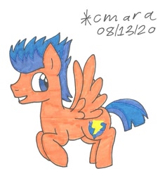 Size: 810x888 | Tagged: safe, artist:cmara, flash sentry (mlp), equine, fictional species, mammal, pegasus, pony, feral, friendship is magic, hasbro, my little pony, flying, grin, male, simple background, smiling, solo, solo male, stallion, traditional art, white background