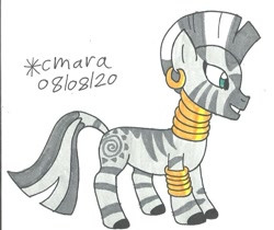 Size: 964x811 | Tagged: safe, artist:cmara, zecora (mlp), equine, mammal, zebra, feral, friendship is magic, hasbro, my little pony, bracelet, ear piercing, earring, female, grin, jewelry, neck rings, piercing, simple background, smiling, solo, solo female, traditional art, ungulate, white background