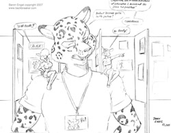 Size: 743x577 | Tagged: safe, artist:baron engel, oc, oc only, cheetah, feline, mammal, mouse, rodent, anthro, plantigrade anthro, clothes, dialogue, female, lanyard, male, micro, shirt, talking, topwear, traditional art