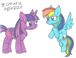 Size: 1119x866 | Tagged: safe, artist:cmara, rainbow dash (mlp), twilight sparkle (mlp), alicorn, equine, fictional species, mammal, pegasus, pony, feral, friendship is magic, hasbro, my little pony, crossed arms, duo, female, flying, hooves, mare, raised hoof, simple background, traditional art, white background