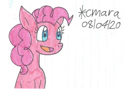 Size: 909x645 | Tagged: safe, artist:cmara, pinkie pie (mlp), earth pony, equine, fictional species, mammal, pony, feral, friendship is magic, hasbro, my little pony, female, happy, mare, open mouth, simple background, solo, solo female, traditional art, white background