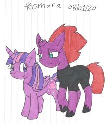 Size: 1031x1203 | Tagged: safe, artist:cmara, tempest shadow (mlp), twilight sparkle (mlp), alicorn, equine, fictional species, mammal, pony, unicorn, feral, friendship is magic, hasbro, my little pony, my little pony: the movie, bodysuit, broken horn, clothes, duo, eye scar, female, hoof shoes, hooves, horn, mare, raised hoof, sad, scar, simple background, tight clothing, traditional art, white background