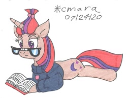 Size: 1069x827 | Tagged: safe, artist:cmara, moondancer (mlp), equine, fictional species, mammal, pony, unicorn, feral, friendship is magic, hasbro, my little pony, book, clothes, female, glasses, mare, reading, simple background, solo, solo female, sweater, topwear, traditional art, white background