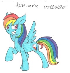 Size: 970x1010 | Tagged: safe, artist:cmara, rainbow dash (mlp), equine, fictional species, mammal, pegasus, pony, feral, friendship is magic, hasbro, my little pony, female, grin, hooves, mare, raised hoof, simple background, smiling, solo, solo female, traditional art, white background