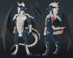 Size: 1280x1009 | Tagged: suggestive, artist:kluclew, oc, oc only, oc:talen (talen27), dragon, fictional species, reptile, scaled dragon, western dragon, anthro, digitigrade anthro, 2018, abs, animal genitalia, balls, blue body, butt, character name, commission, cross-section, digital art, flesh, front view, gender symbol, genital slit, gradient background, hair, horns, looking sideways, male, male symbol, mane, muscles, nudity, orange body, orange eyes, reference sheet, reptile feet, scales, side view, solo, solo male, spread wings, tail, webbed wings, white body, white hair, white scales, wings