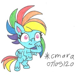 Size: 821x805 | Tagged: safe, artist:cmara, rainbow dash (mlp), equine, fictional species, mammal, pegasus, pony, feral, friendship is magic, hasbro, my little pony, my little pony: pony life, female, flying, hooves, mare, raised hoof, simple background, solo, solo female, traditional art, white background