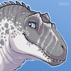 Size: 1000x1000 | Tagged: safe, artist:jenery, dinosaur, giganotosaurus, reptile, theropod, feral, the isle, 2020, abstract background, blue eyes, bust, digital art, female, gray body, mottled body, portrait, profile, sharp teeth, side view, slit pupils, solo, solo female, spines, teeth, white body