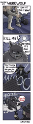 Size: 800x2976 | Tagged: safe, artist:jawkly, canine, dog, fictional species, human, mammal, werewolf, anthro, feral, ankle cuffs, ball and chain, beard, belt, blank eyes, boots, bottomwear, clothes, comic, concerned, cute, dialogue, duo, duo male, eyes closed, fangs, full moon, gun, hands together, hat, holding object, howling, human to feral, jacket, male, males only, moon, night, open mouth, outdoors, pants, sharp teeth, shirt, shoes, shorts, sitting, smiling, smoke, speech bubble, tail, talking, teeth, text, tongue, tongue out, topwear, transformation, weapon