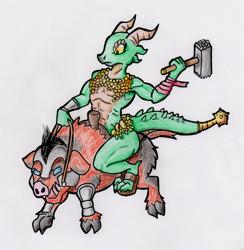 Size: 937x960 | Tagged: safe, artist:kuroneko, oc, oc:kunedo, fictional species, kobold, mammal, pig, reptile, suid, anthro, abs, armor, chainmail bikini, colored pencil drawing, duo, female, hammer, horns, muscles, riding, simple background, traditional art, unconvincing armor, white background, yellow eyes