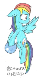 Size: 595x1142 | Tagged: safe, artist:cmara, rainbow dash (mlp), equine, fictional species, mammal, pegasus, pony, feral, friendship is magic, hasbro, my little pony, ball, female, flying, mare, shrunken pupils, solo, solo female, traditional art, wings