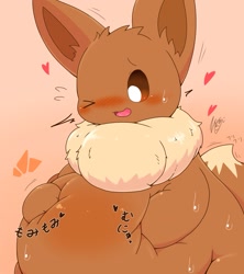 Size: 1399x1579 | Tagged: suggestive, artist:takisan_oekaki, eevee, eeveelution, fictional species, mammal, feral, nintendo, pokémon, 2020, ambiguous gender, belly button, blushing, brown body, brown fur, digital art, fat, fat fetish, fur, heart, hyper, japanese, morbidly obese, obese, one eye closed, open mouth, solo, solo ambiguous, sweat