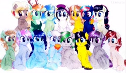 Size: 4003x2322 | Tagged: safe, artist:liaaqila, oc, oc only, oc:centreus feathers, oc:chilly willy, oc:cinderheart, oc:cirrus updraft, oc:cottonwood kindle, oc:midnight blossom, oc:mobian, oc:reia hope, oc:rory gigabyte, oc:sea fluff, oc:sunnie bun, oc:sweet mocha, oc:varah bubble, oc:windy whirls, oc:withania nightshade, animate plant, bat pony, cervid, deer, earth pony, equine, fictional species, mammal, pegasus, plant pony, pony, unicorn, feral, friendship is magic, hasbro, my little pony, :i, :p, adorafatty, beanie, belly, belly button, c:, cheek fluff, chest fluff, chubby cheeks, clothes, colored pupils, cute, deer pony, ear fluff, eating, fat, feather, feather in hair, female, fluff, food, freckles, glasses, grin, group photo, hair, hair accessory, hat, high res, holding, hoof fluff, hoof hold, hoof on shoulder, hooves, hug, leg fluff, licking, looking at you, male, mare, messy eating, milkshake, neck fluff, ocbetes, one eye closed, open mouth, pancakes, pregnant, puffy cheeks, raised eyebrow, scarf, simple background, slightly chubby, smiling, smirk, squee, stallion, tongue, tongue out, traditional art, underhoof, unshorn fetlocks, wall of tags, white background, wing fluff, winking