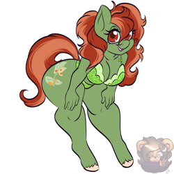 Size: 1500x1500 | Tagged: suggestive, artist:msprismatic, oc, oc only, oc:withania nightshade, earth pony, equine, fictional species, mammal, pony, anthro, unguligrade anthro, hasbro, my little pony, anthrofied, bent over, big breasts, bra, breasts, clothes, female, flower pattern underwear, green underwear, hooves, looking at you, panties, simple background, solo, solo female, thighs, thunder thighs, underwear, white background
