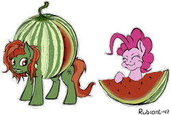Size: 1500x1011 | Tagged: safe, artist:rubiont, pinkie pie (mlp), oc, oc:withania nightshade, animate plant, earth pony, equine, fictional species, food creature, food pony, hybrid, mammal, plant pony, pony, feral, friendship is magic, hasbro, my little pony, duo, duo female, female, females only, fetish, food, fruit, mare, plant, ponified, sketch, watermelon