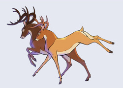 Size: 3000x2165 | Tagged: safe, artist:noki001, bambi (bambi), the great prince of the forest (bambi), cervid, deer, mammal, feral, bambi (film), disney, antlers, brown body, brown fur, butt, cloven hooves, duo, duo male, father, father and child, father and son, fur, high res, hooves, male, males only, orange eyes, running, short tail, side view, son, tail, tan body, tan fur