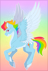 Size: 2100x3080 | Tagged: safe, artist:nocti-draws, rainbow dash (mlp), equine, fictional species, mammal, pegasus, pony, feral, friendship is magic, hasbro, my little pony, alternate hairstyle, female, flying, fur, hair, high res, multicolored fur, smiling, solo, solo female