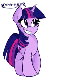 Size: 455x607 | Tagged: safe, artist:mirabuncupcakes15, twilight sparkle (mlp), equine, fictional species, mammal, pony, unicorn, feral, friendship is magic, hasbro, my little pony, female, grin, hooves, mare, raised hoof, simple background, smiling, solo, solo female, white background