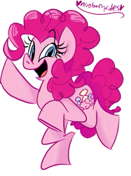 Size: 455x607 | Tagged: safe, artist:mirabuncupcakes15, pinkie pie (mlp), earth pony, equine, fictional species, mammal, pony, feral, friendship is magic, hasbro, my little pony, bipedal, female, hooves, mare, open mouth, raised hoof, raised leg, simple background, solo, solo female, white background