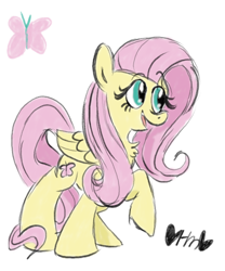 Size: 666x800 | Tagged: safe, artist:mirabuncupcakes15, fluttershy (mlp), equine, fictional species, mammal, pegasus, pony, feral, friendship is magic, hasbro, my little pony, female, folded wings, hooves, looking away, mare, medibang paint, open mouth, raised hoof, simple background, smiling, solo, solo female, white background, wings