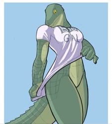 Size: 1568x1731 | Tagged: suggestive, artist:fer_drawsdaily, oc, oc only, alligator, crocodilian, reptile, anthro, big breasts, bottomless, breasts, clothes, colored sclera, female, green scales, looking down, nudity, partial nudity, scales, shirt, simple background, solo, solo female, tail, topwear, yellow sclera