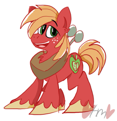 Size: 769x800 | Tagged: safe, artist:mirabuncupcakes15, big macintosh (mlp), earth pony, equine, fictional species, mammal, pony, feral, friendship is magic, hasbro, my little pony, freckles, hooves, male, open mouth, simple background, solo, solo male, stallion, unshorn fetlocks, white background