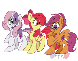 Size: 800x620 | Tagged: safe, artist:mirabuncupcakes15, apple bloom (mlp), scootaloo (mlp), sweetie belle (mlp), earth pony, equine, fictional species, mammal, pegasus, pony, unicorn, feral, friendship is magic, hasbro, my little pony, chest fluff, cutie mark crusaders (mlp), female, fluff, hooves, mare, older, open mouth, raised hoof, simple background, white background