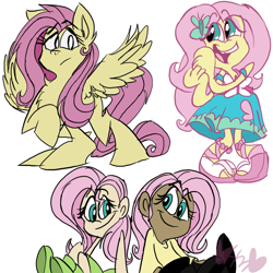 Size: 800x800 | Tagged: safe, artist:mirabuncupcakes15, fluttershy (mlp), equine, fictional species, human, mammal, pegasus, pony, feral, equestria girls, friendship is magic, hasbro, my little pony, boots, bottomwear, clothes, cute, dark skin, dress, feet, female, hooves, humanized, jeans, mare, pants, raised hoof, sandals, self paradox, shirt, shoes, skin, skirt, solo, solo female, species swap, sweater, tank top, topwear