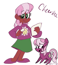 Size: 713x800 | Tagged: safe, artist:mirabuncupcakes15, cheerilee (mlp), earth pony, equine, fictional species, human, mammal, pony, feral, friendship is magic, hasbro, my little pony, bottomwear, clothes, cute, dark skin, female, flats, humanized, mare, open mouth, paper, self paradox, shirt, shoes, simple background, skin, skirt, solo, solo female, species swap, topwear, white background