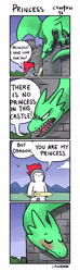Size: 800x2697 | Tagged: safe, artist:jawkly, bird, dragon, fictional species, human, mammal, feral, ambient wildlife, angry, armor, blank eyes, blushing, castle, cloud, comic, dialogue, dot eyes, dragoness, eyes closed, female, flattered, flirting, helmet, holding object, horns, knight, male, mountain, open mouth, outdoors, sharp teeth, sky, smiling, speech bubble, sword, talking, teeth, tongue, weapon
