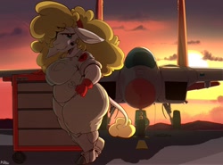 Size: 1280x948 | Tagged: safe, artist:garuda six, sheeply vilakazi (star fox), bovid, caprine, mammal, sheep, anthro, nintendo, star fox, aircraft, airplane, big breasts, big butt, breasts, butt, clothes, cloud, ewe, f-15 eagle, fat, female, flight suit, gloves, headset, holding object, hooves, lidded eyes, looking at you, mechanic, overweight, prosthetic leg, prosthetics, signature, sky, smiling, solo, solo female, sun, sunset, tail, text, thick thighs, thighs, vehicle, wrench