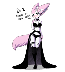 Size: 1000x1100 | Tagged: suggestive, artist:seirva, eeveelution, fictional species, mammal, sylveon, anthro, nintendo, pokémon, anthrofied, big ears, blushing, bra, breasts, choker, clothes, dialogue, ears, embarrassed, eyelashes, female, front view, fur, garter straps, hand on hip, legwear, lidded eyes, lingerie, looking at you, open mouth, panties, pink tail, simple background, solo, solo female, speech bubble, standing, stockings, tail, talking, talking to viewer, underwear, white background, white body, white fur