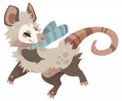 Size: 2077x1721 | Tagged: safe, artist:fosbat, mammal, marsupial, opossum, virginia opossum, feral, ambiguous gender, black eyes, blep, brown body, brown fur, butt fluff, cheek fluff, chest fluff, clothes, fluff, fur, hairless tail, head fluff, scarf, simple background, socks (leg marking), solo, solo ambiguous, tail, tan body, tan fur, tongue, tongue out, white background