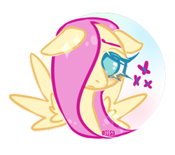 Size: 1629x1437 | Tagged: safe, artist:bismark, fluttershy (mlp), arthropod, butterfly, equine, fictional species, insect, mammal, pegasus, pony, feral, friendship is magic, hasbro, my little pony, abstract background, bubbles, bust, cutie mark, cyan eyes, female, fur, hair, no pupils, one eye closed, pink hair, shy, simple background, sketch, solo, solo female, sparkles, watermark, wings, yellow body, yellow fur