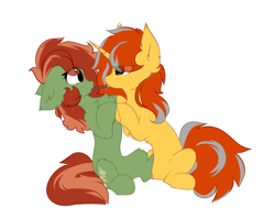 Size: 1704x1288 | Tagged: safe, artist:fluffy_sketch, oc, oc only, oc:cinderheart, oc:withania nightshade, earth pony, equine, fictional species, mammal, pony, unicorn, feral, hasbro, my little pony, chest fluff, commission, duo, ear fluff, female, fluff, food, holding hooves, hooves, mare, pocky, simple background, sitting, tail, tail fluff, white background
