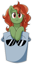 Size: 540x1063 | Tagged: safe, artist:suspega, artist:teabucket, collaboration, oc, oc only, oc:withania nightshade, earth pony, equine, fictional species, mammal, pony, feral, hasbro, my little pony, bucket, c:, female, glasses, if i fits i sits, looking at you, mare, simple background, smiling, solo, solo female, sunglasses, transparent background