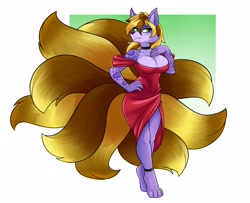Size: 3300x2680 | Tagged: safe, artist:ambris, oc, oc only, canine, fictional species, fox, kitsune, mammal, anthro, digitigrade anthro, breasts, brown hair, brown tail, cheek fluff, choker, cleavage, clothes, dress, ear fluff, ear piercing, elbow fluff, eyebrows, eyelashes, female, fluff, fur, gradient background, green eyes, hair, hand on hip, high res, looking at you, looking sideways, multicolored hair, multiple tails, nine tails, pale belly, piercing, purple body, purple fur, solo, solo female, spots, spotted fur, tail, two toned hair, vixen, yellow hair, yellow tail