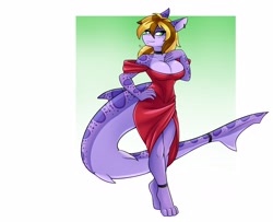 Size: 3300x2680 | Tagged: safe, artist:ambris, oc, oc only, fish, leopard shark, shark, anthro, digitigrade anthro, big breasts, border, breasts, brown hair, choker, cleavage, clothes, dress, ear piercing, earring, eyebrows, eyelashes, female, fins, fish tail, gradient background, green eyes, hair, hand on hip, high res, looking at you, looking sideways, multicolored hair, pale belly, piercing, pointy ears, purple body, purple skin, shark tail, skin, solo, solo female, spots, spotted body, tail, two toned hair, white border, yellow hair
