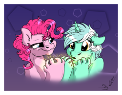 Size: 2777x2160 | Tagged: safe, artist:lupiarts, artist:snoopystallion, collaboration, lyra heartstrings (mlp), pinkie pie (mlp), earth pony, equine, fictional species, mammal, pony, unicorn, ambiguous form, friendship is magic, hasbro, my little pony, 2018, abstract background, amber eyes, blue eyes, creepy, digital art, duo, duo female, ears laid back, eyelashes, female, front view, fur, hair, hand, high res, hoof fingers, looking at someone, looking at something, mare, multicolored hair, nightmare fuel, open mouth, pink body, pink fur, pink hair, signature, smiling, teal fur, two toned hair, wat, white hair, wtf