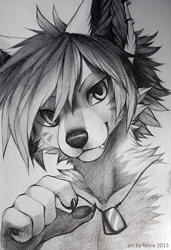 Size: 500x732 | Tagged: safe, artist:falvie, canine, mammal, anthro, ambiguous gender, bust, dog tag, fur, monochrome, portrait, simple background, solo, solo ambiguous, traditional art