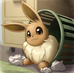 Size: 1866x1843 | Tagged: safe, artist:otakuap, eevee, eeveelution, fictional species, mammal, feral, nintendo, pokémon, 2019, 2d, ambiguous gender, basket, chest fluff, cute, digital art, fluff, fur, indoors, lying down, paper, prone, smiling, solo, solo ambiguous, trashcan