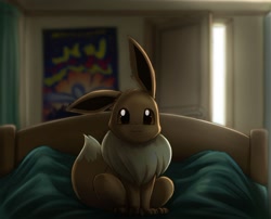 Size: 1600x1293 | Tagged: safe, artist:otakuap, eevee, eeveelution, fictional species, human, mammal, feral, nintendo, pokémon, 2019, ambiguous gender, bed, bed sheets, bedroom, behaving like a cat, black nose, chest fluff, cute, digital art, ears, fluff, fur, indoors, looking at you, morning, neck fluff, paws, sitting, solo focus, tail, tail fluff